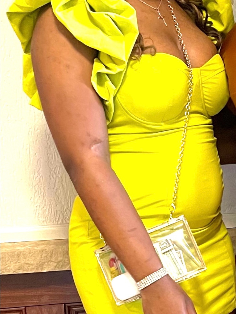 Fashion Nova Neon Yellow Ruffle Sleeve Bodycon Dress